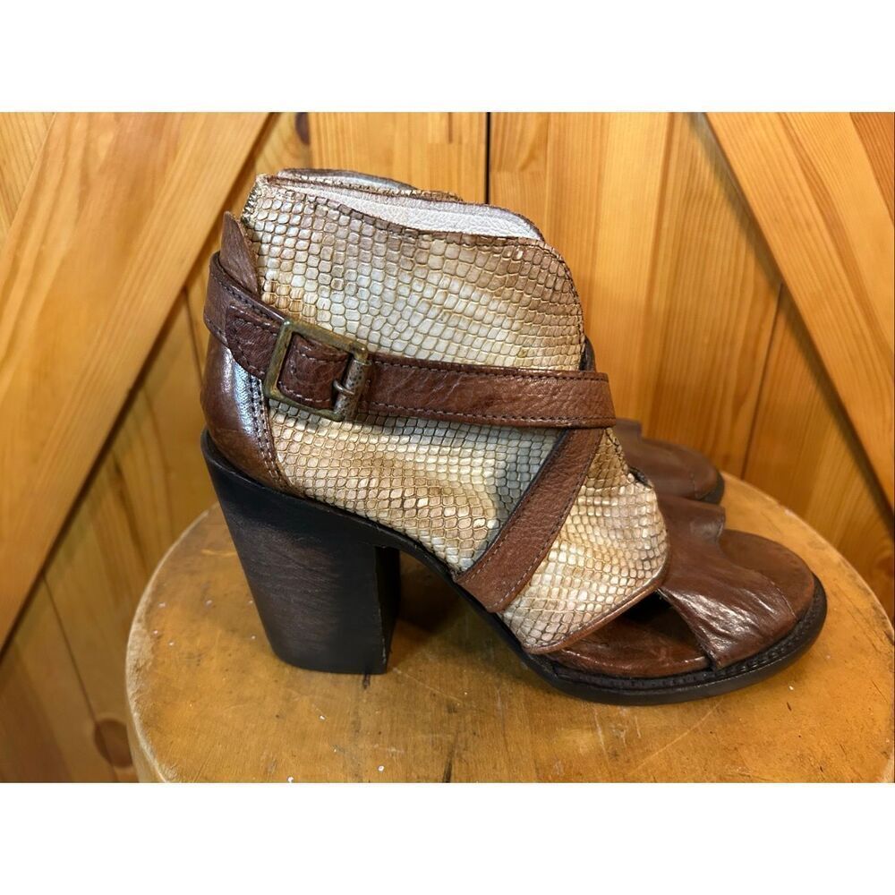Freebird by Steven Brown and Beige Snake-Print Leather Peep-Toe Ankle Booties